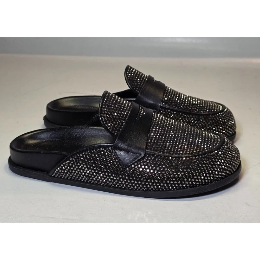 Schutz Ava Women's Shoes Size 7 B Black Leather Mule Metallic Slip‎ On Slides